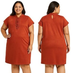 Ashley Stewart Dress Plus SZ 18/20 Burnt Orange Lace Detailing Keyhole Chic Boho
